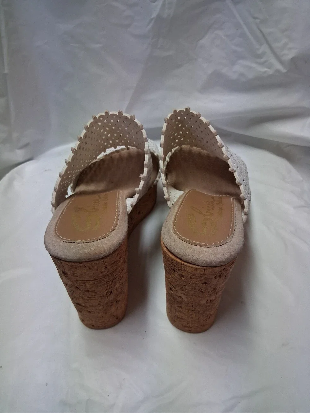 Sbicca White Woven Cork Wedge Slide Sandals Women's Size 6M Preowned